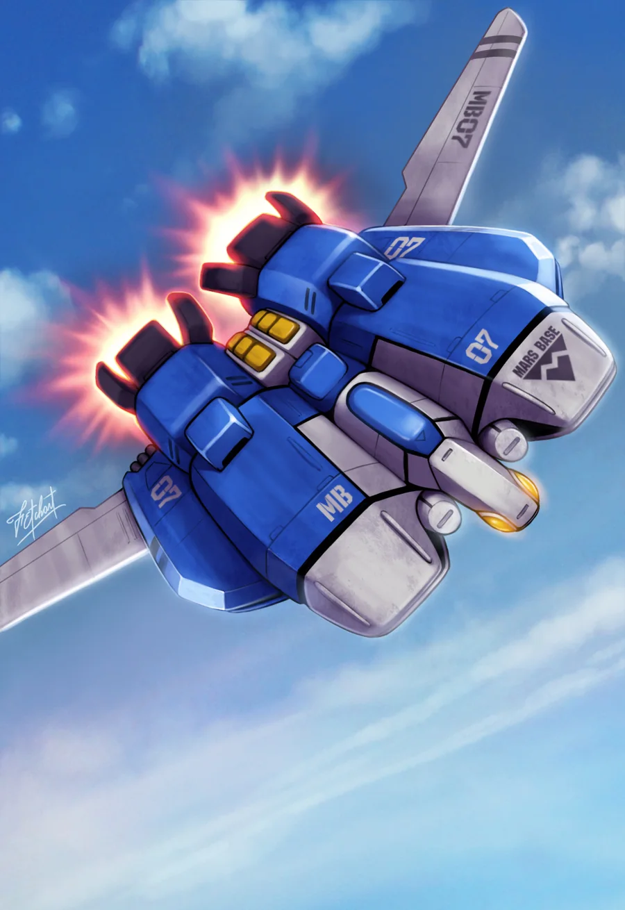 VFB-9 Beta in Fighter mode, burning hard across a blue sky