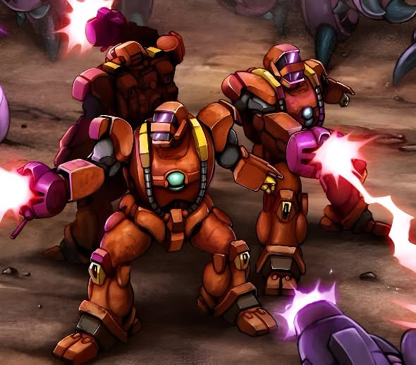 A squad of Bioroids firing their guns