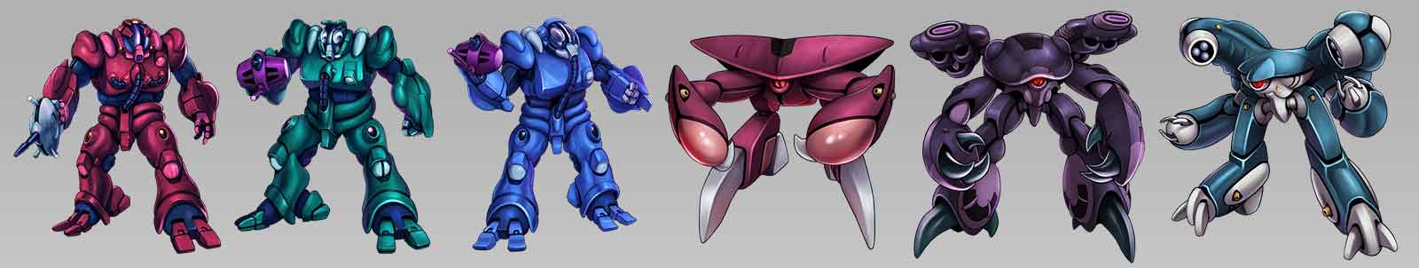 Three Bioroids of the Robotech Masters and three Invid mecha side by side