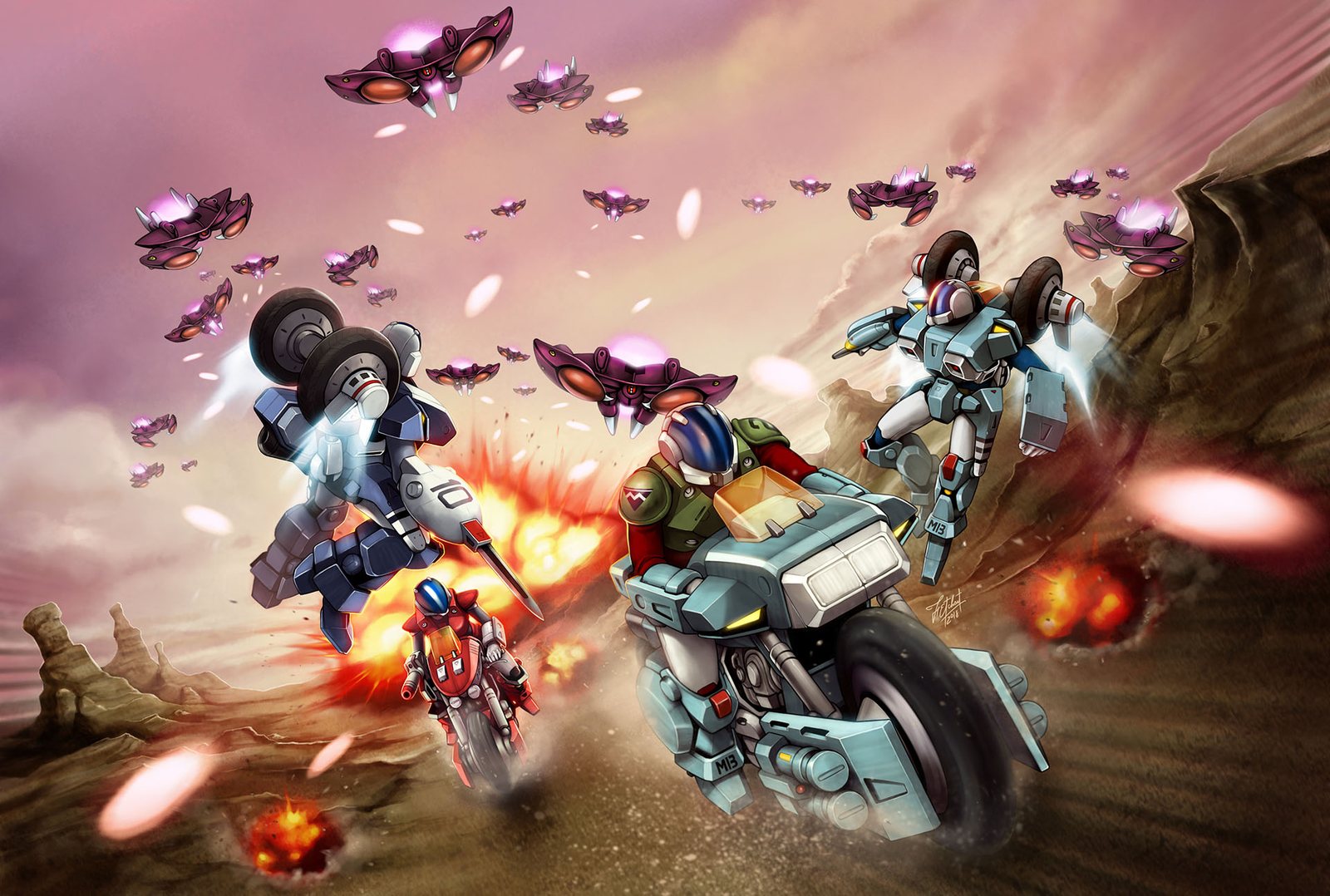Freedom fighters on Cyclones racing a swarm of Invid scouts across the desert