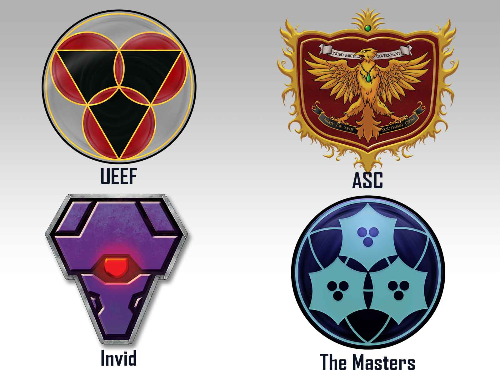 Emblems of the UEEF, the Army of the Southern Cross, the Invid and the Robotech Masters