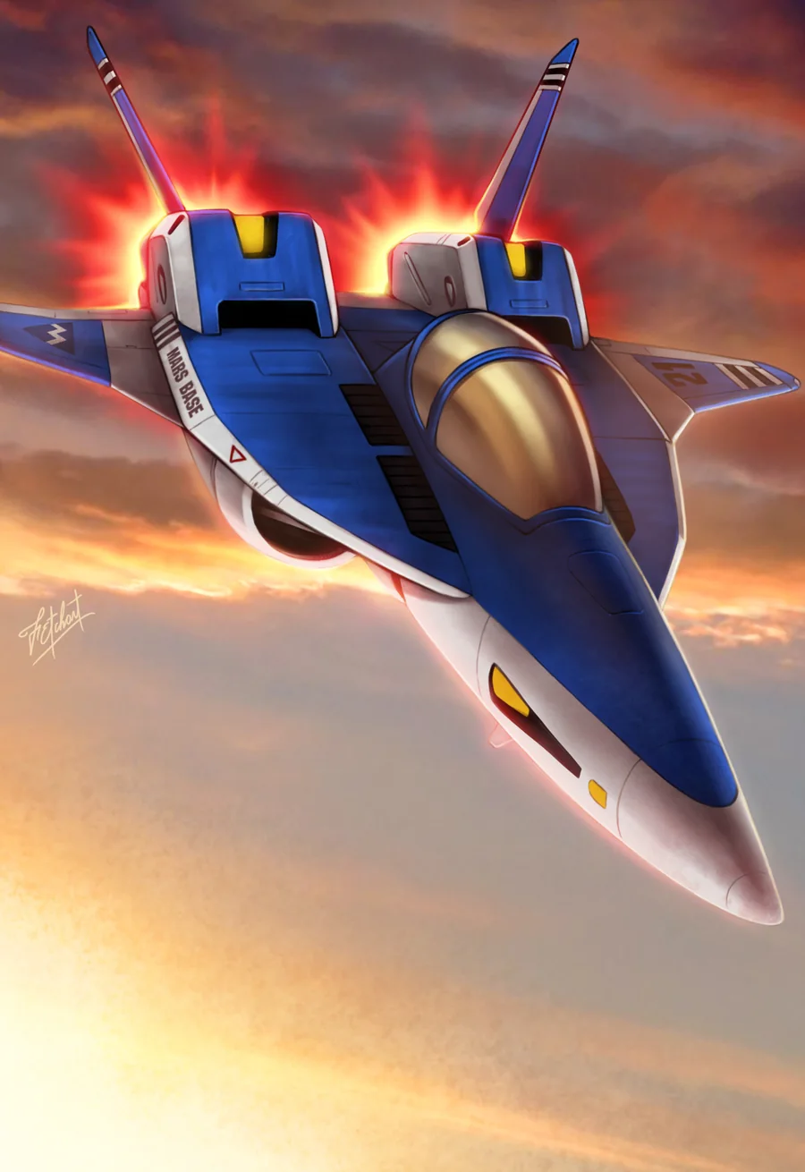 VFA-6 Legioss (Alpha) in Fighter mode, climbing through a sunset sky