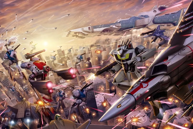 Veritechs and Zentraedi battle pods fighting over a burning city