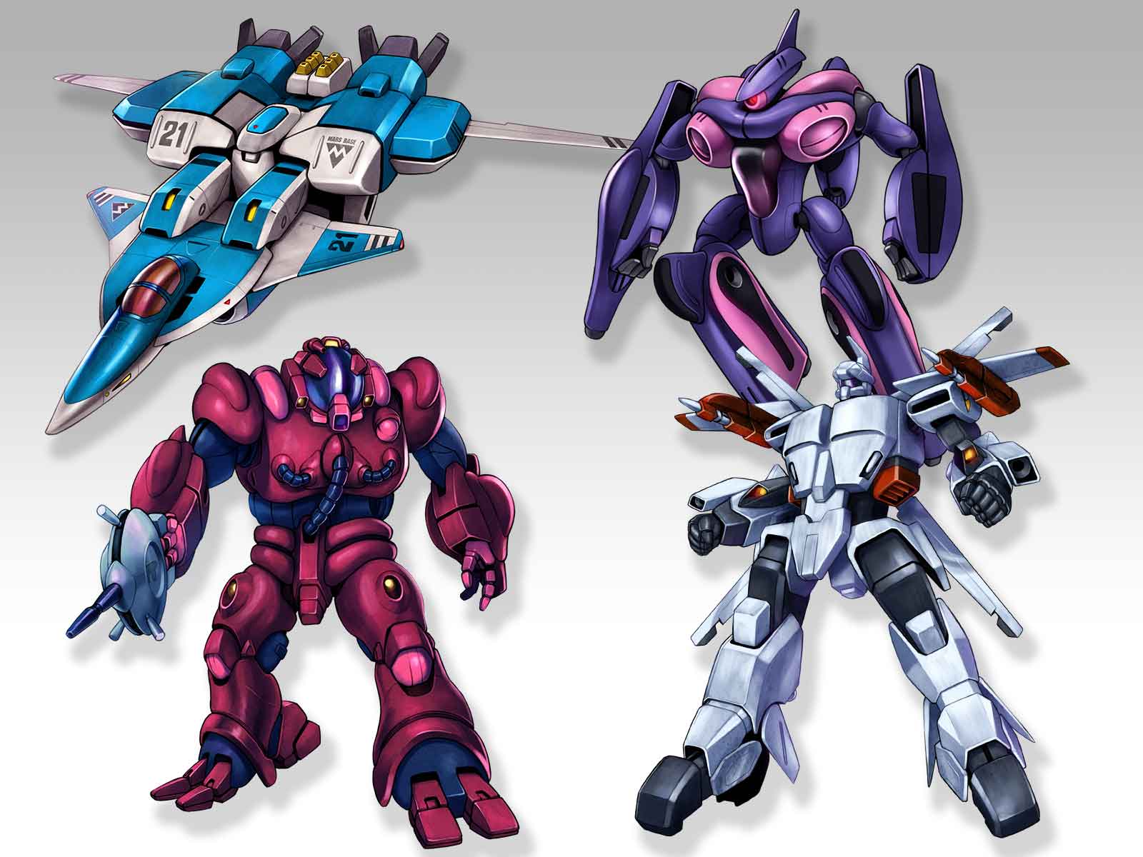 An Alpha fighter, an Invid, a Bioroid and a white Battloid