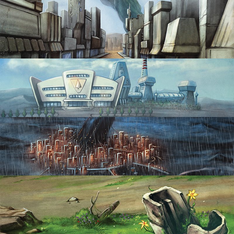 Four settings: an alien city, a military base, a rain-soaked city and overgrown ruins