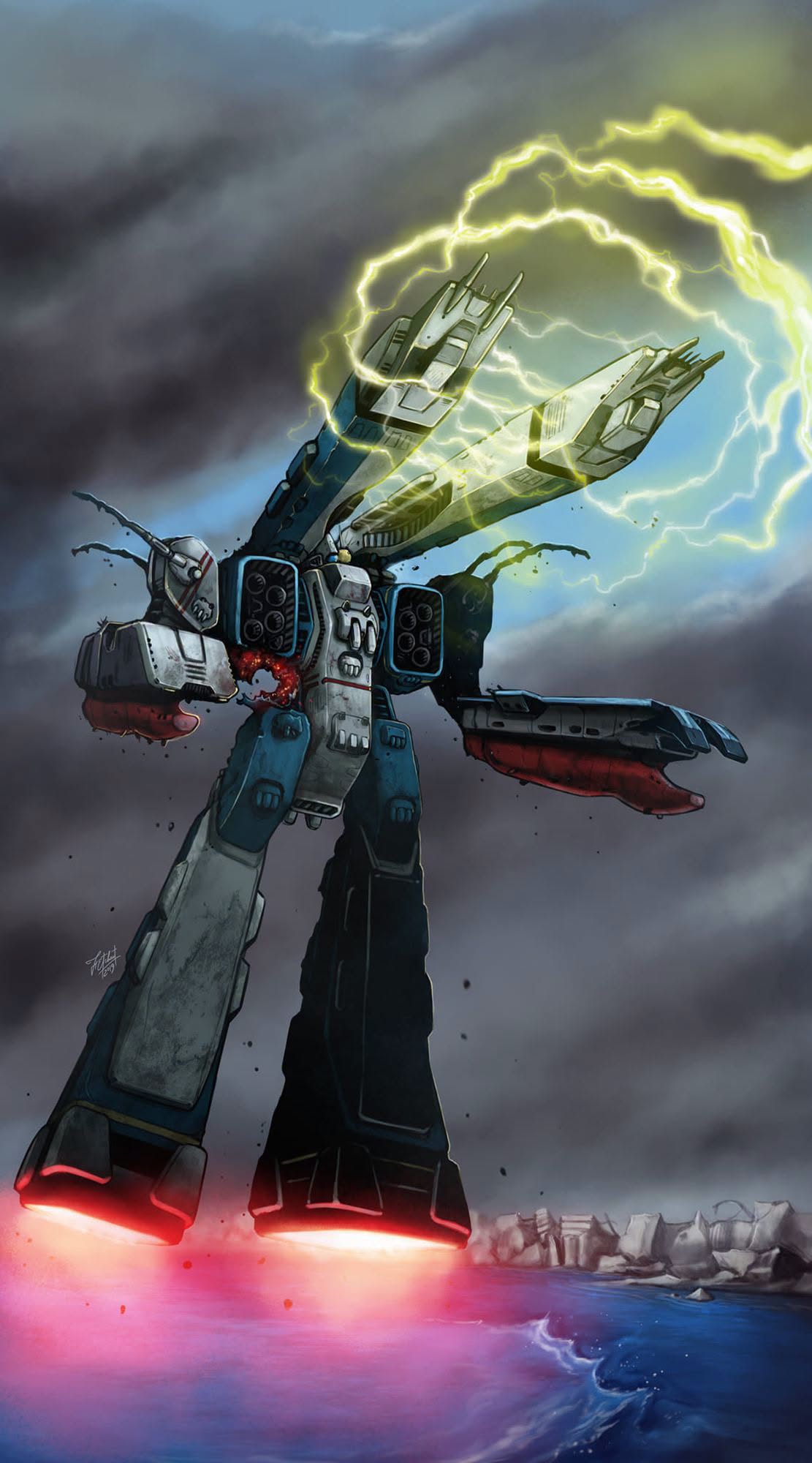 The SDF-1 in attack mode, battered, standing on a storm-swept shore