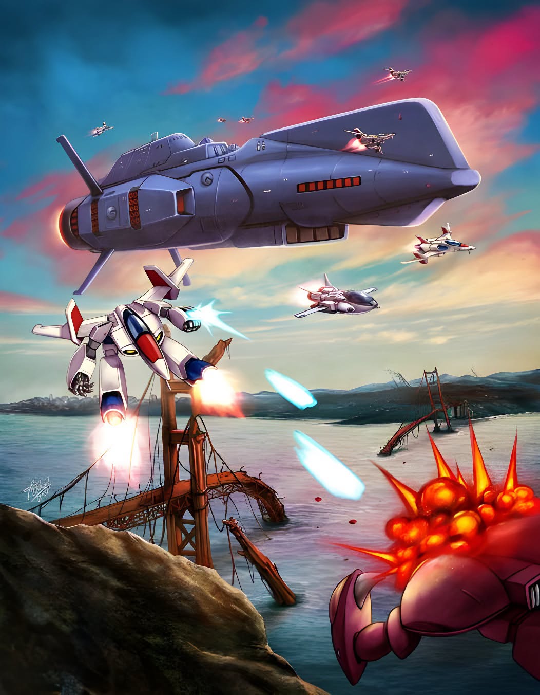 Southern Cross fighters battling above a ruined Golden Gate Bridge