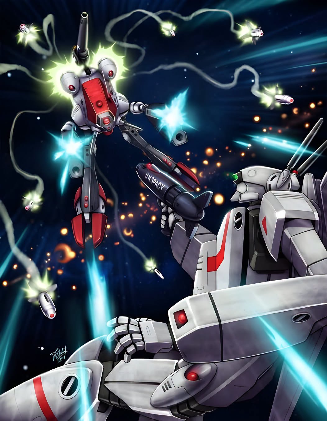A Veritech in Battloid mode dueling red Zentraedi power armor in space